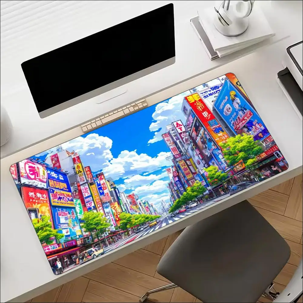 Tokyo Street Anime Cityscape Japan XXL Mouse Pad Non Slip Rubber Base HD Print Oversized Desk Mat for Japanese Office Style