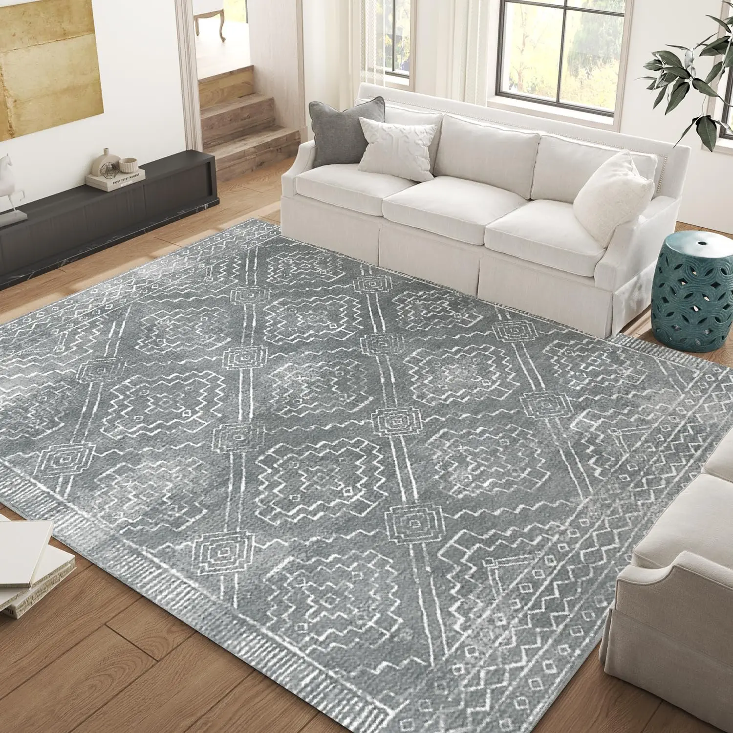 

Jinchan Moroccan Area Rug 9X12 - Washable Rug Low Pile Bohemian Living Room Large Rug Ultra-Thin Non-Slip Modern Faux Wool Soft