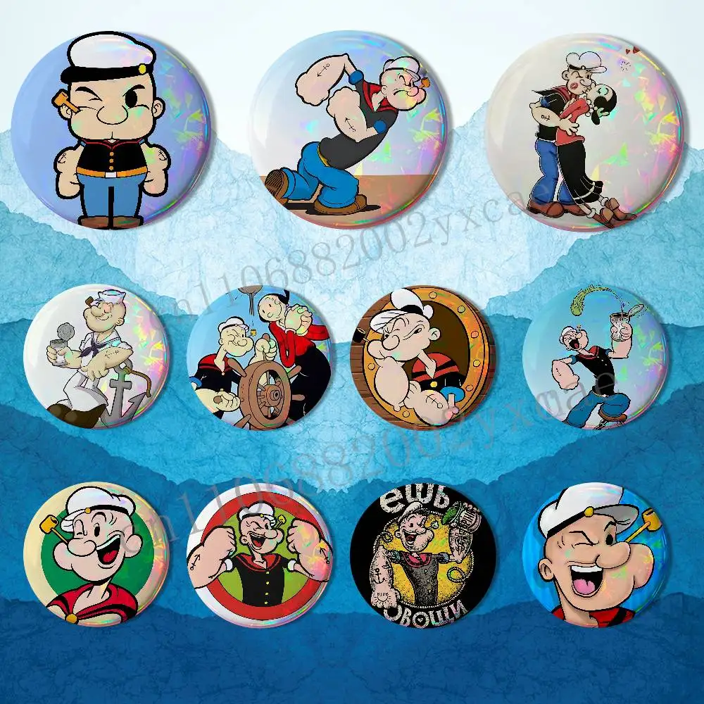 

Cartoon art Popeye the Sailor Laser reflective round badges pins bag clothing decorations collectibles gifts for friends