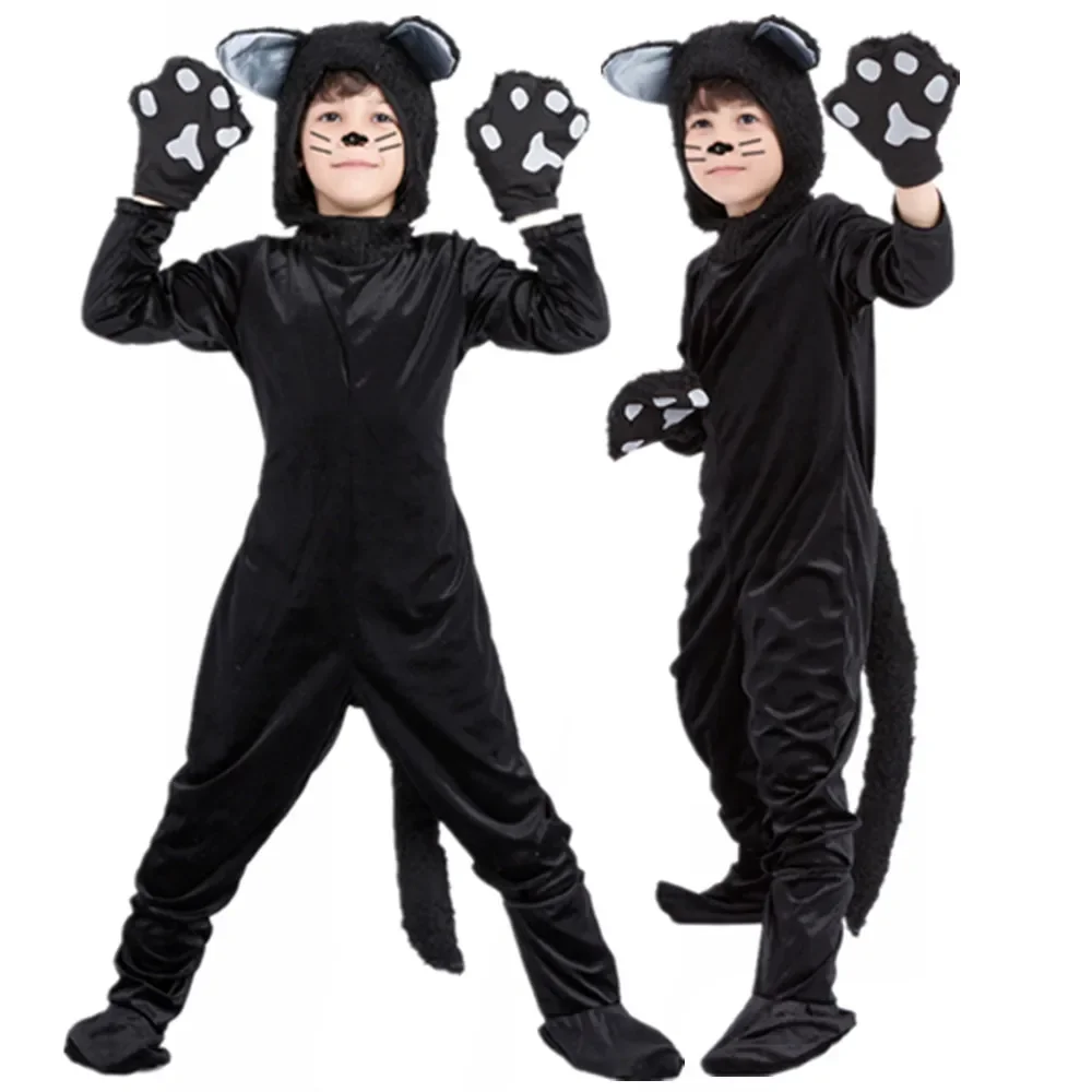 

Cute Kids Animal Black Cat Jumpsuit Cosplay Boys Girl Anime Onesies Hooded Child Halloween Christmas Party Animal Costumes Suit