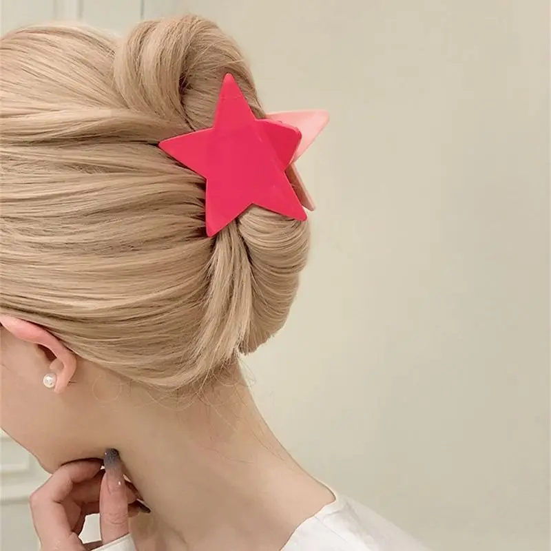 1pc New hair accessory with small design, pink five pointed star clip, contrasting star double-sided braided hair clip