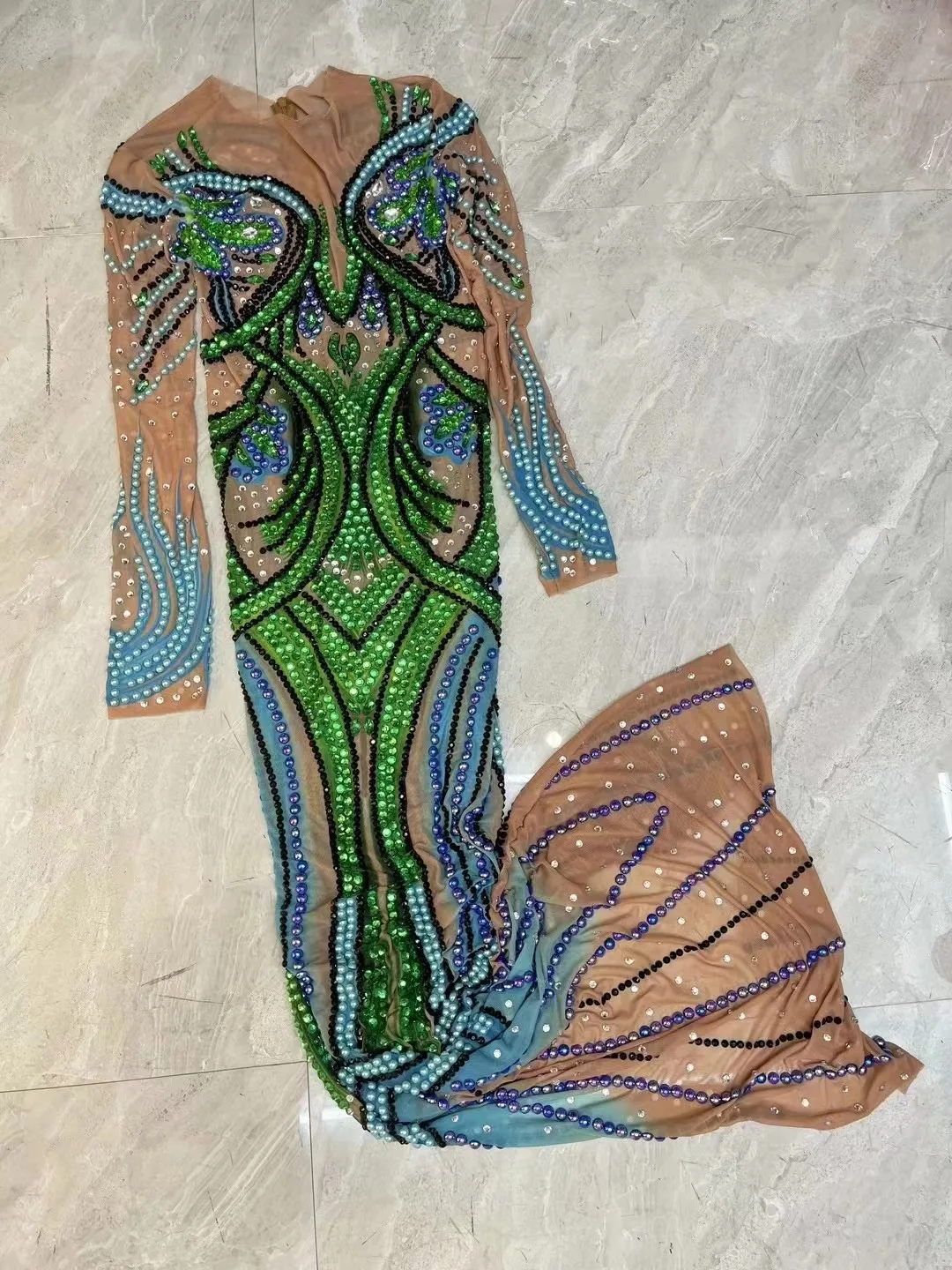 Vestido transparente desnudo con perlas azules brillantes y diamantes de imitación verdes, disfraz de celebración de cumpleaños, vestido de actuación de baile nocturno