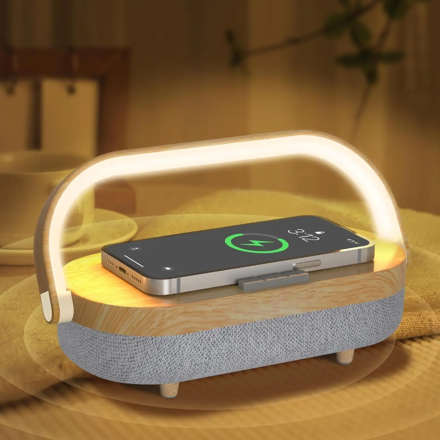 

Ночная лампа 4-в-1 с беспроводной зарядкой, Bluetooth-колонкой, держателем для телефона и регулируемой LED-подсветкой — идеальный подарок