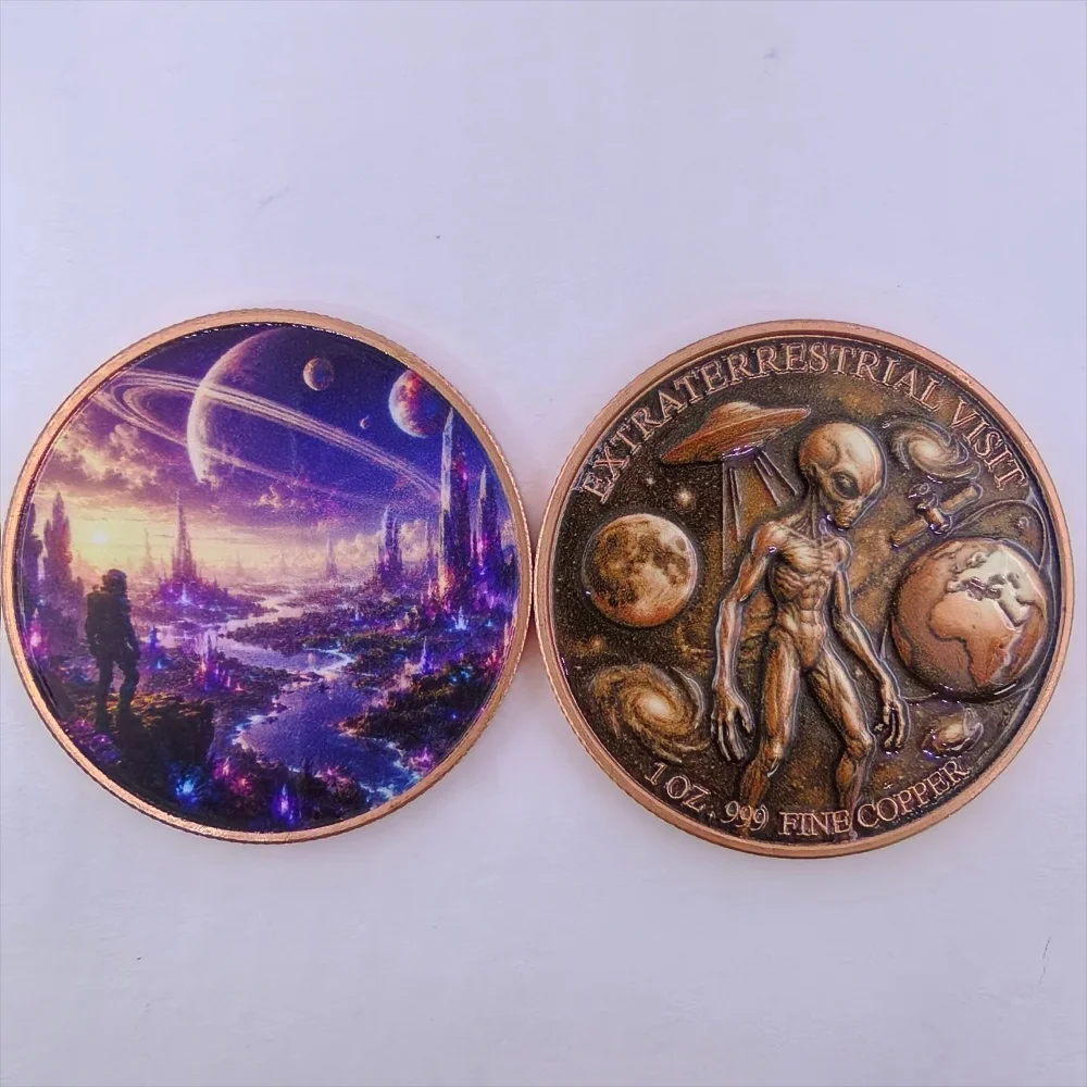 1oz .999 Fine Copper Round Extraterrestrial Visit Astronaut Alien Cityscape UFO Colorized Sci-Fi Space Fantasy Collectible Gift