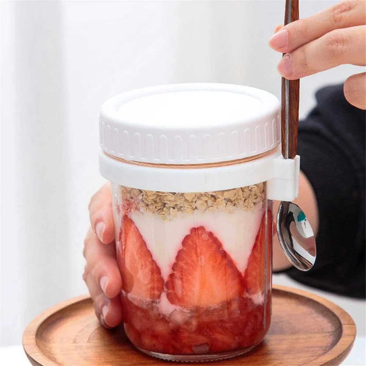 Overnight Oats Jars, with Lid and Spoon,10 Oz Cereal, Milk, Vegetable and Fruit Salad Storage Container White and Grey