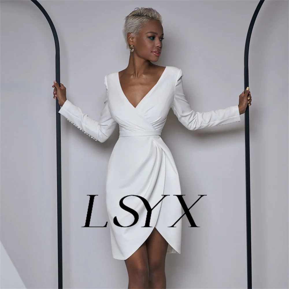 LSYX V-Neck Long Sleeves Sheath Pleats Crepe Mini Wedding Dress For Women Zipper Back Above Knee Short Bridal Gown Custom Made