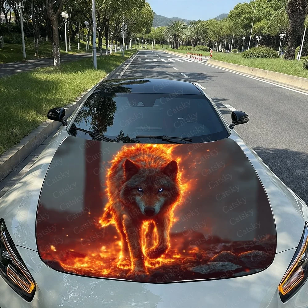 

This striking car hood wrap features a fierce, fiery wolf design with glowing eyes and vibrant flames. Perfect for enhancing any