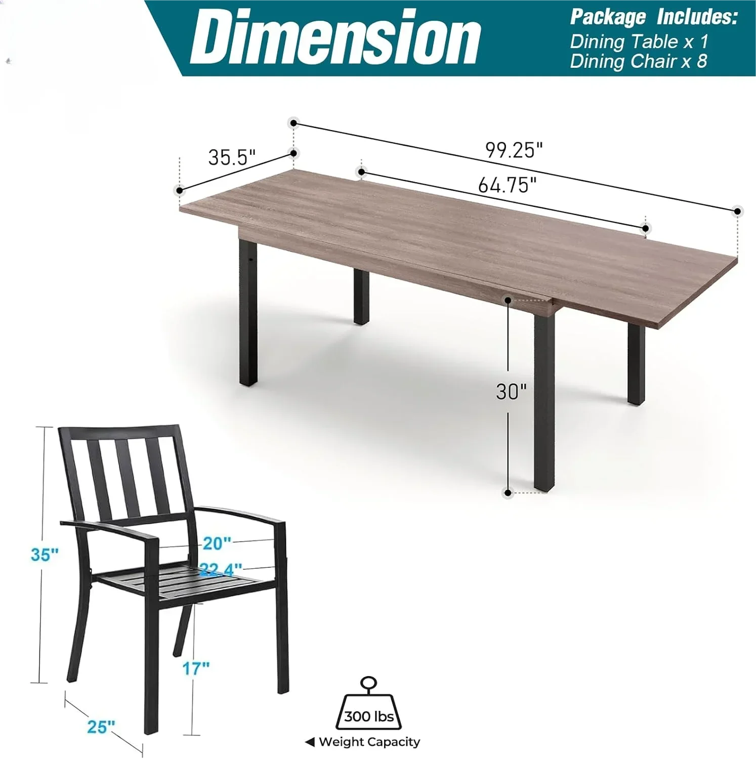 9 Piece Outdoor Dining Set for 8, Expandable Wood-like Metal Dining Table & Wrought Iron Stackable Chairs