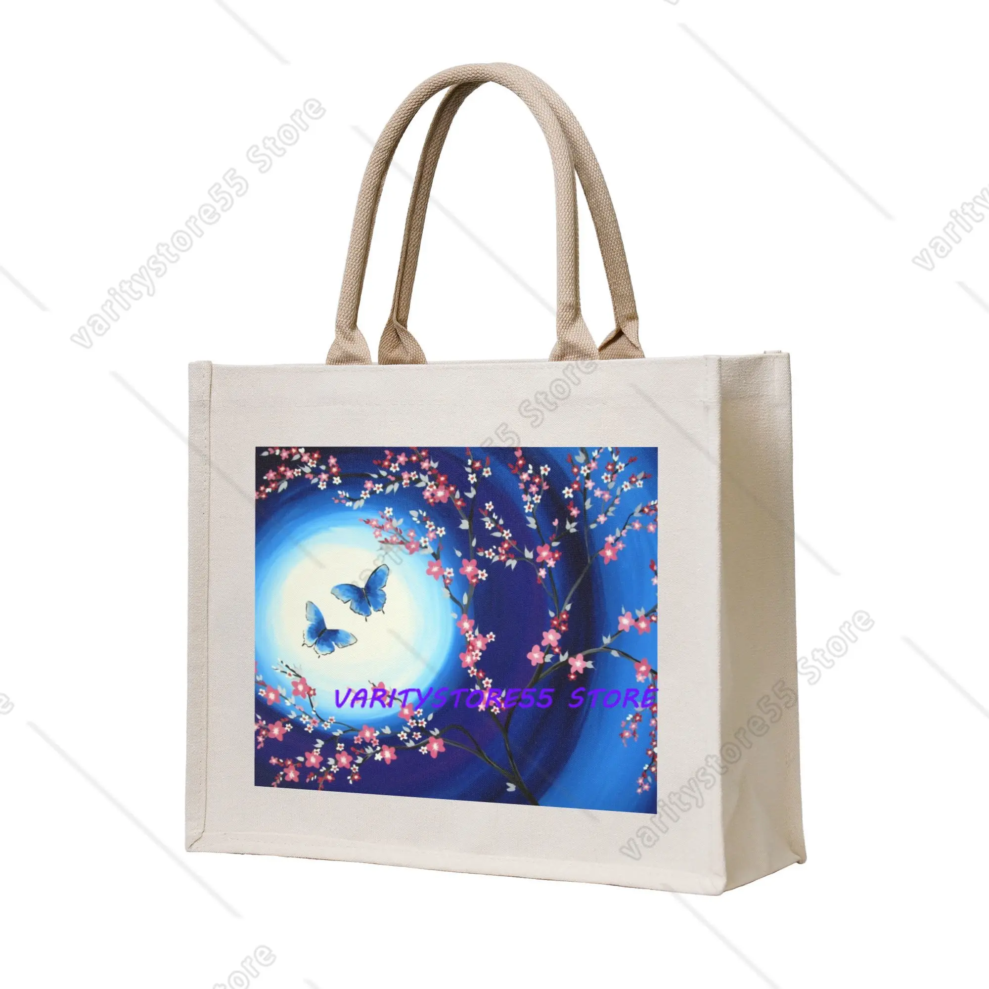 Cute Printed Japanese Cherry Blossoms Butterflies Shopping Tote Bag Portable Shoulder Shopper Flower Floral Handbag