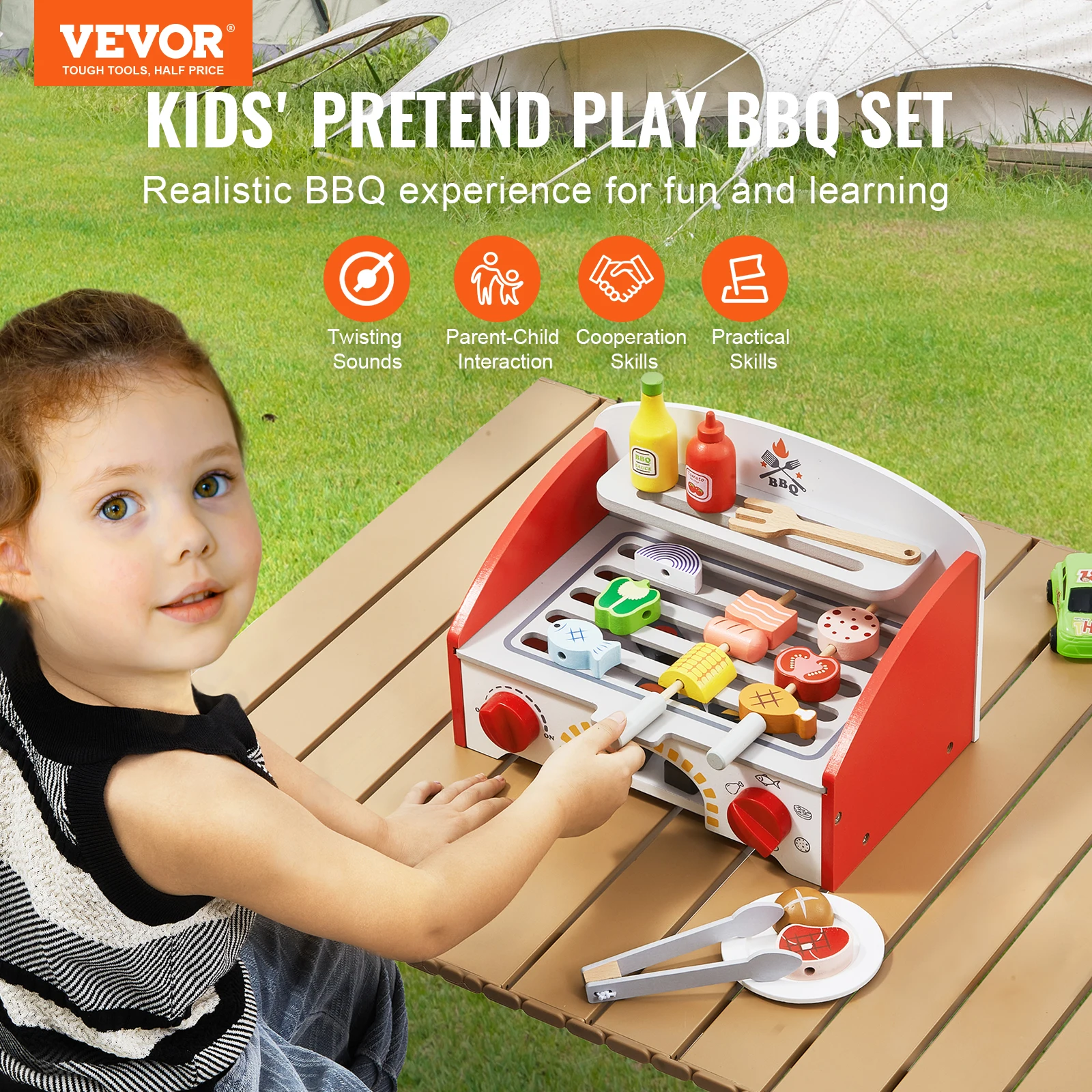 VEVOR Wooden BBQ Grill Toy Set Kids Barbecue Simulation Food Playset Interactive Pretend Play Toys for Boys Girls Ages 3+ Gifts