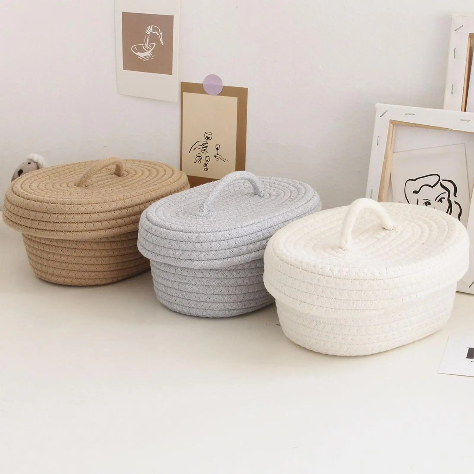 Woven Rope Basket with Lid Nursery Basket for Sundries Makeup Cosmetics