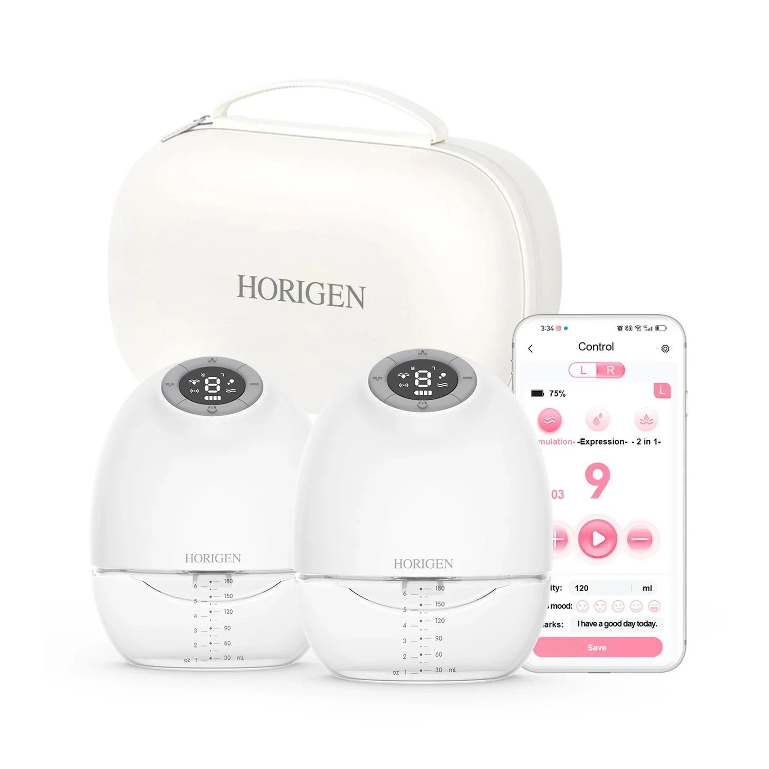 HORIGEN App-bediening draagbare dubbelzijdige elektrische draagbare borstkolf handsfree melkpompen voor borstvoeding van baby's