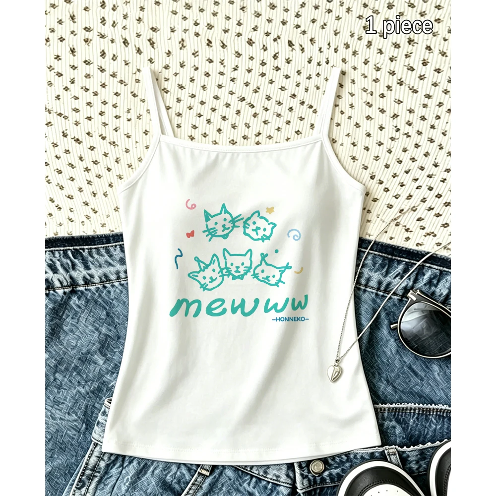 Trendy Cat Head Camisole Women Summer Pet Graphic Tank Top Casual Sleeveless Vest for Holiday Streetwear Kitty Lover Gift