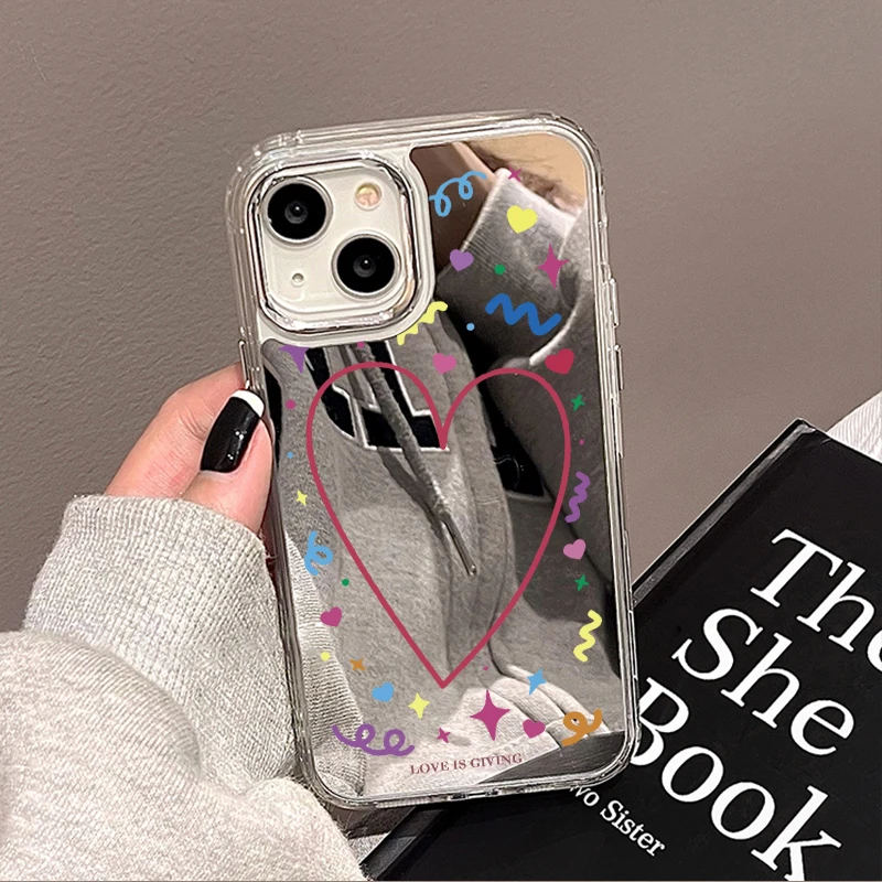 Korean Sweet Love Heart Mirror Phone Case For iPhone 11 12 13 14 15 16 Pro Max X XR XS Make Up Mirror Lovely Shockproof Cover