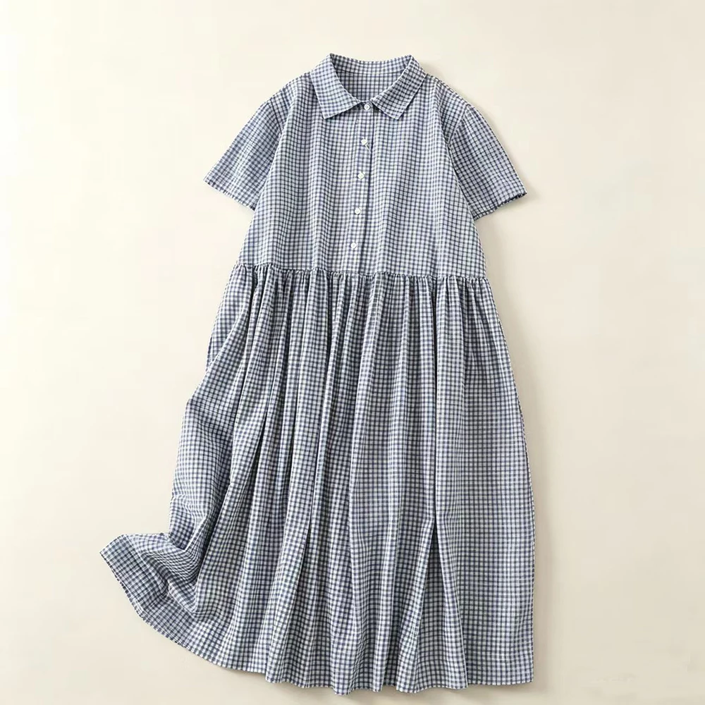 Casual Loose Linen Shirt Dress - ブルーチェック柄襟付きミディドレス女性夏新ルーズフィット半袖カジュアルシャツドレスハイウエストコットンリネンブレンド