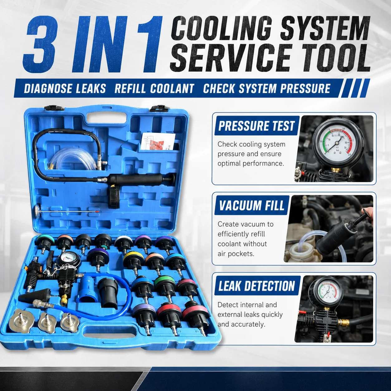 Kit de herramientas de vacío para cambio de refrigerante, probador de presión del sistema de enfriamiento, juego de detección de fugas de radiador de 28 piezas con adaptadores universales, bomba manual y manómetro para reemplazo y mantenimiento de refrigerante de motor de coche, SUV, camión, herramientas y equipos de taller de reparación automotriz.
