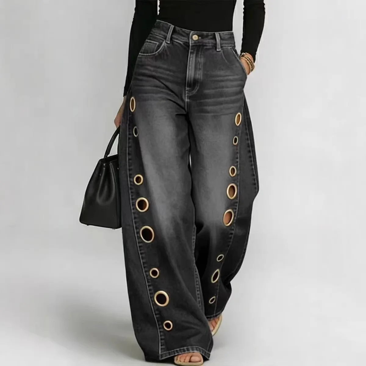 Casual Loose High Waist Wide Leg Jeans Women's Metal Hole Design Cotton Denim Pants Comfortable All Seasons Fashionable