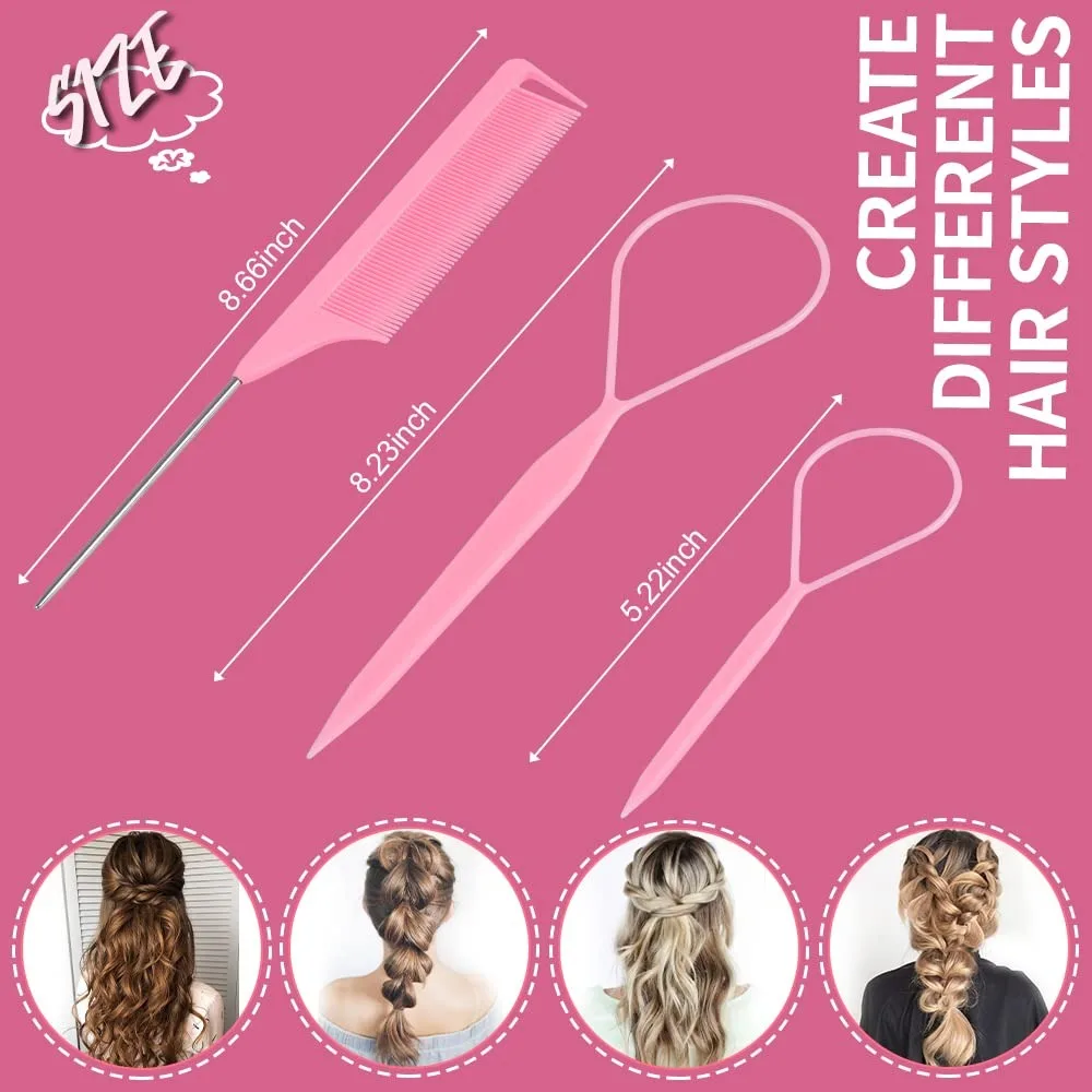 3-Piece Hair Styling Tool Set Including Braid Tool, Tail Comb, and Braiding Pin in Pink