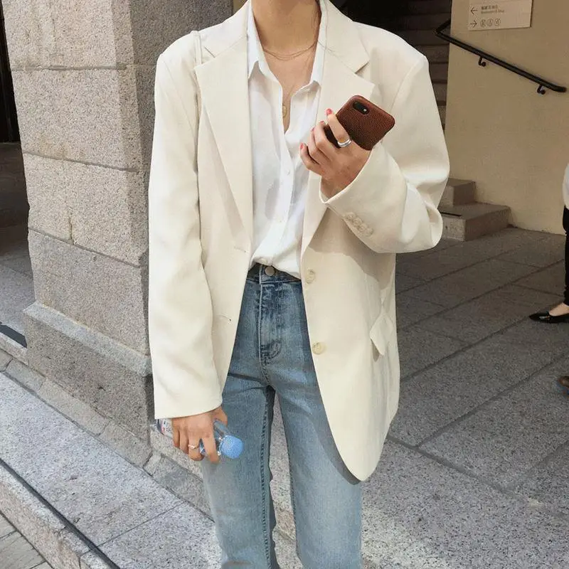 REALEFT Spring Autumn White Women's Blazer 2025 New Long Sleeve Single Breasted Korean Casual Loose Outwear Pockets Female