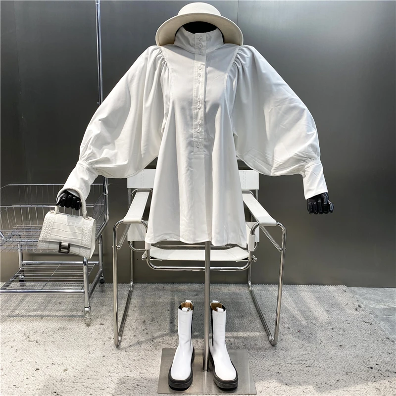 

New 2022 Stand Collar Lantern Sleeve Shirt French Slim And Versatile Korean Loose Single Breasted Casual Dress
