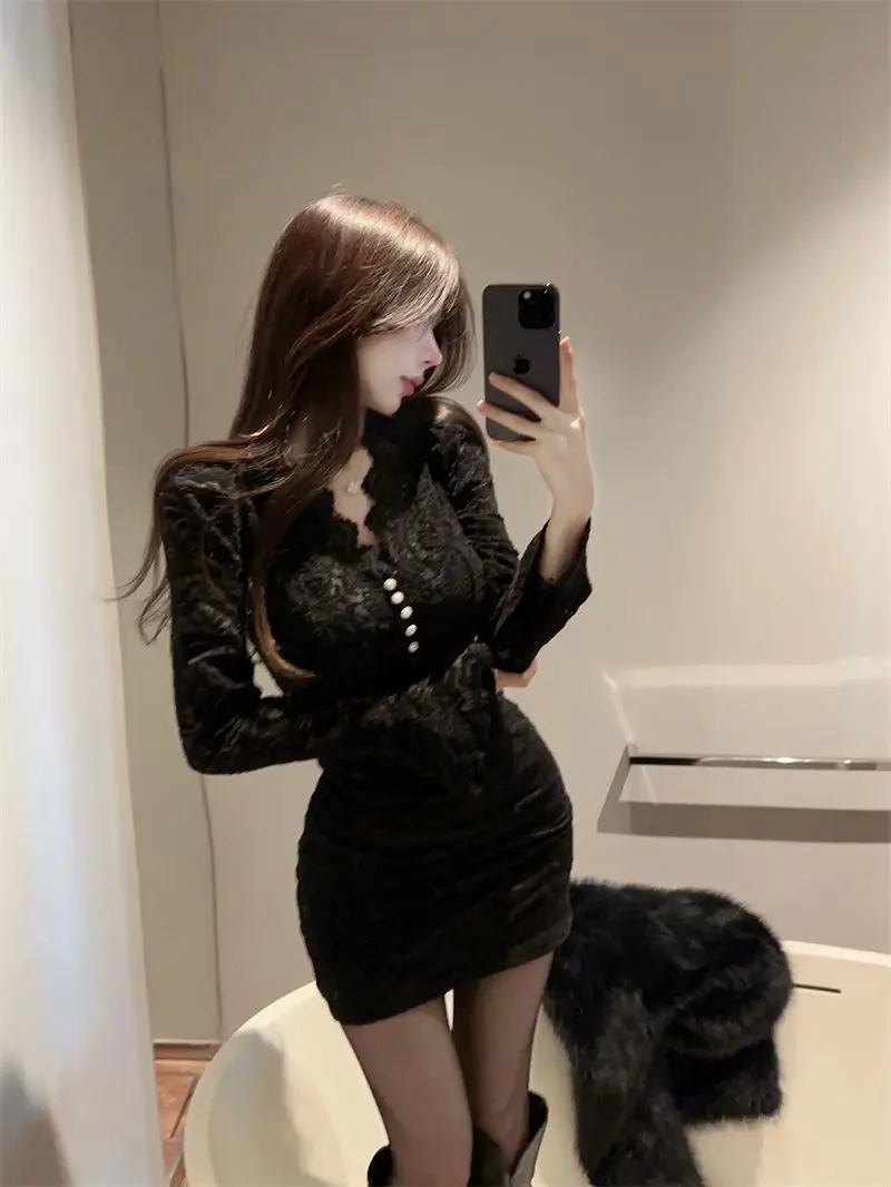 Retro Lace Sexy Bodycon V-Neck Long Sleeve  Dress Elegant Quality Ladylike Style for Party Wedding Date Evening out