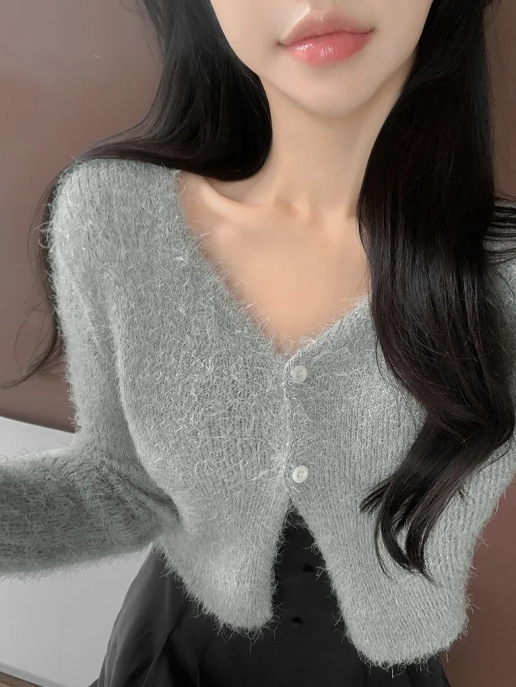 غامض متماسكة سترة سترة المرأة طويلة الأكمام زر حتى المحاصيل سترة سترة في سن المراهقة فتاة الخريف الشتاء Y2K الزي #5