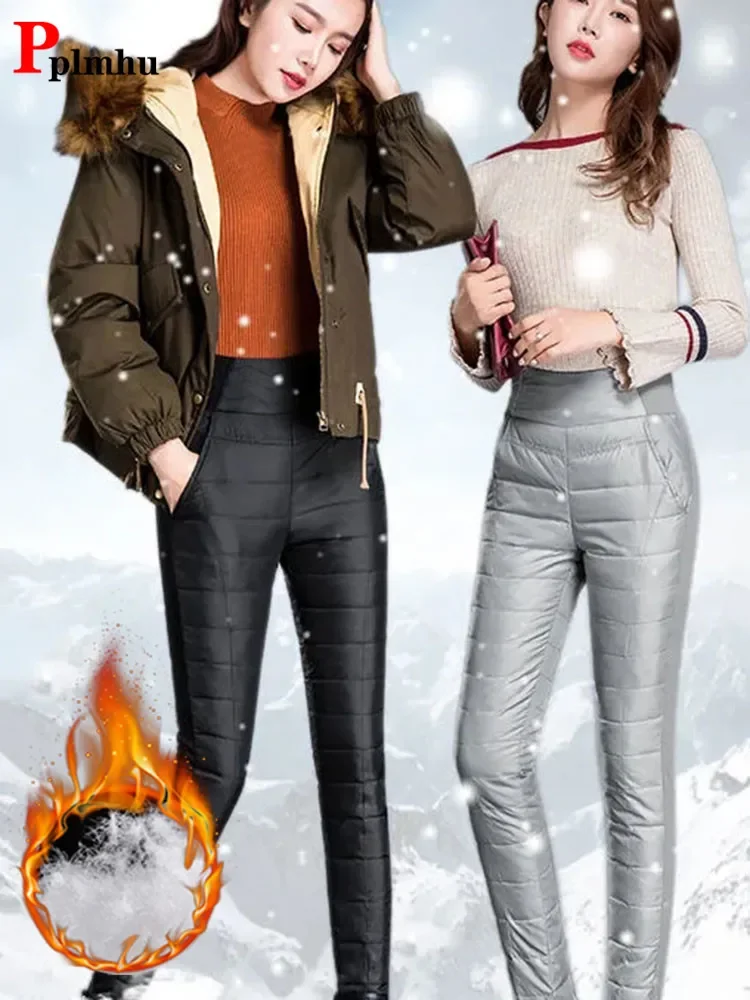 冬用90%ダックダウンペンシルパンツ レディース 厚手 ハイウエスト スリム スノーウェア パンツ カジュアル 暖かい ハイウエスト ふわふわ トラウザーズ XQ86