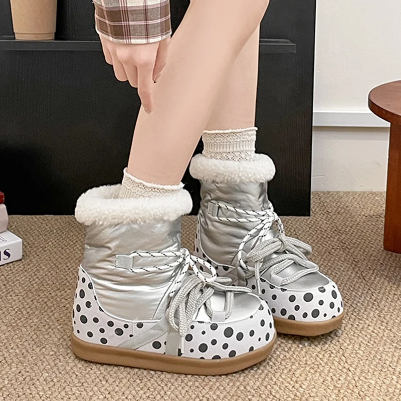 Sweet Polka Dot Waterproof Fabric Snow Boots Women 2026 Winter Warm Plush Lace Up Ankle Boots Woman's Furry Short Moon Booties