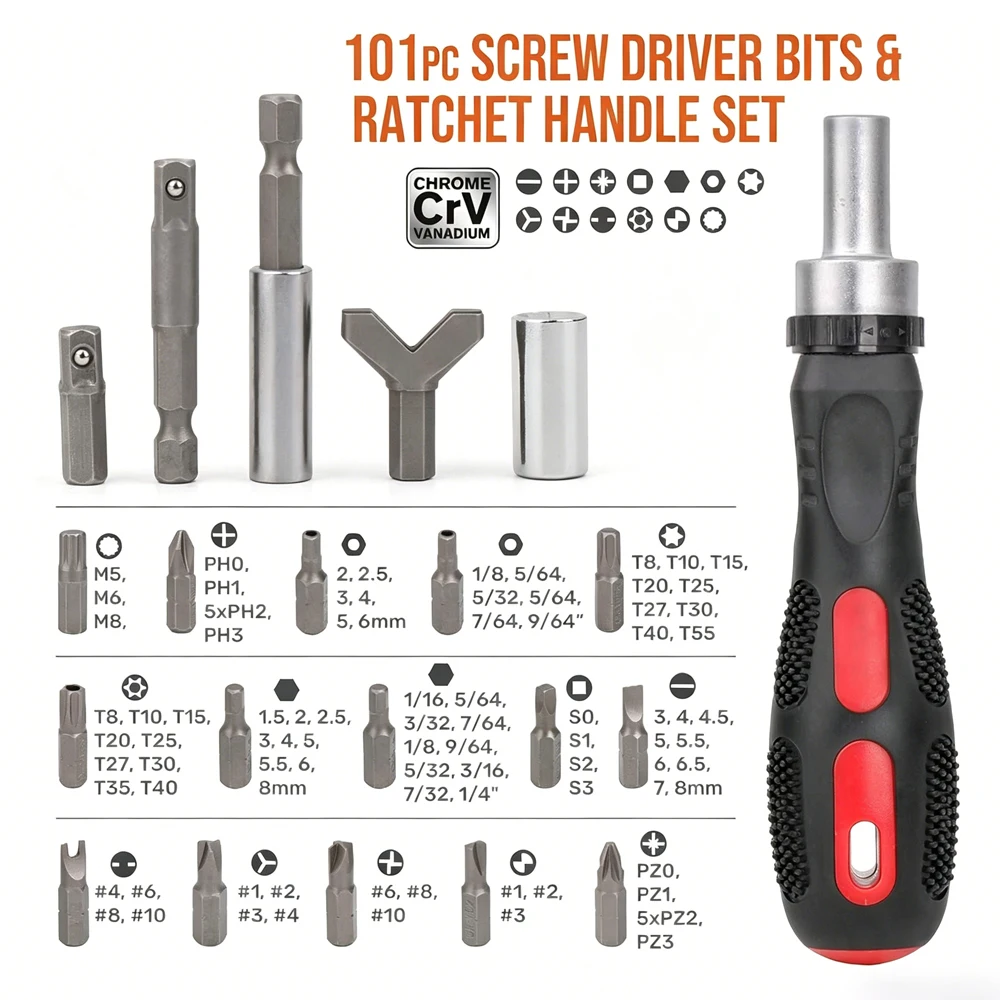 101Pcs Multi Bits Screwdriver Set Ratcheting Handle Tool Kit 1/4
