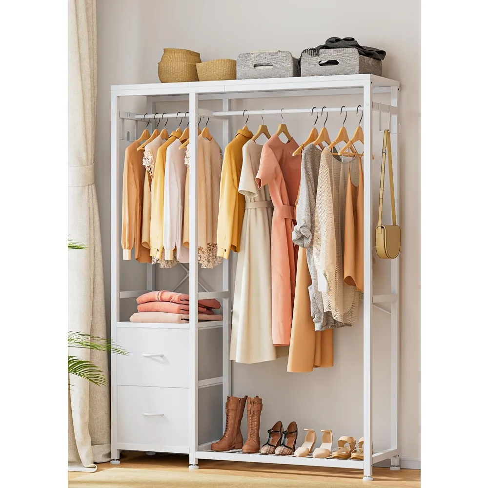 

Clothes Rack, Heavy Duty Garment Rack for Hanging Clothes, Industrial Clothing Racks with Shelves, 2 Fabric Drawers