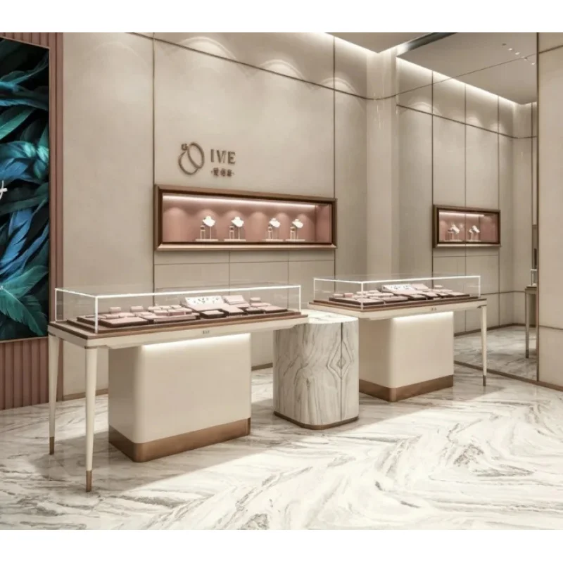 custom.Luxury & Rose Gold Jewelry Display, Premium Glass Showcase with LED Lighting High-End Jewelry Boutiques
