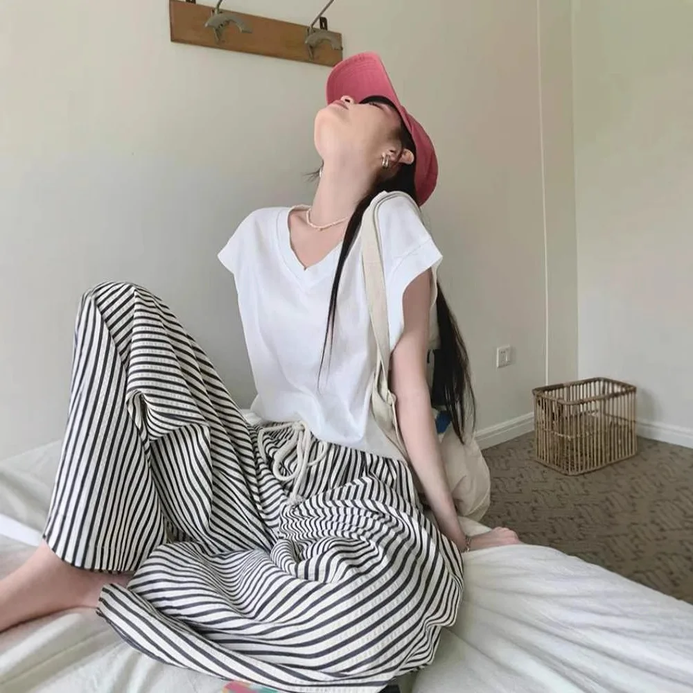 Walking Pants Sleeping Pants Women's Gray Vertical Striped Wide Leg Pants Autumn Straight Leg Loose Casual Floor Pants Student