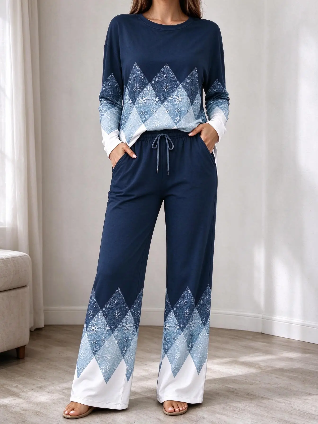 Women Imitation Cotton Pajama Set Navy Blue Gradient Argyle Diamond Print Round Neck Long Sleeve 2PCS Sleepwear Loungewear