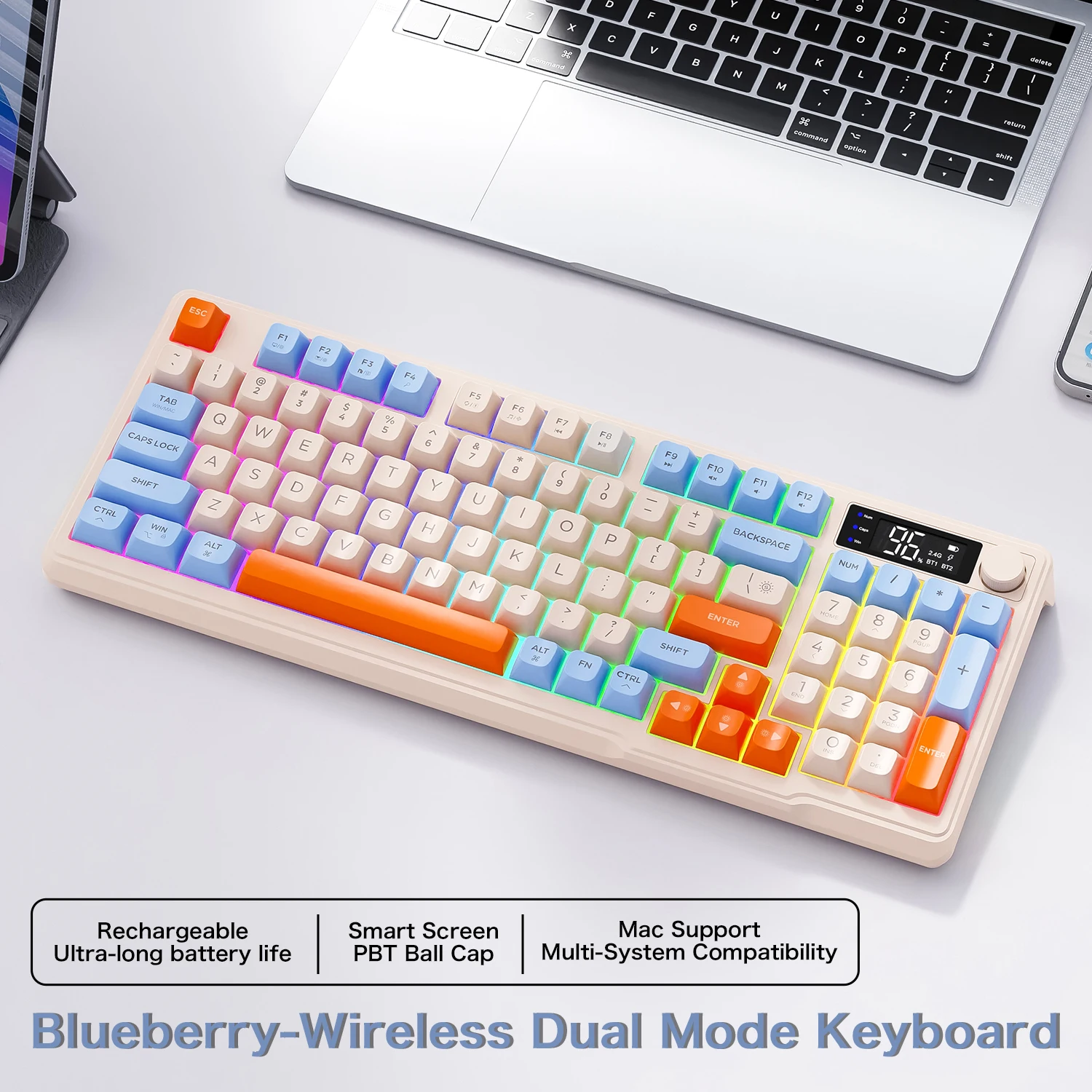 M96 Bluetooth-toetsenbord Draadloos FREEWOLF-schermgamingtoetsenbord, elektronisch scherm, verbinding met meerdere apparaten, ergonomie-gaming