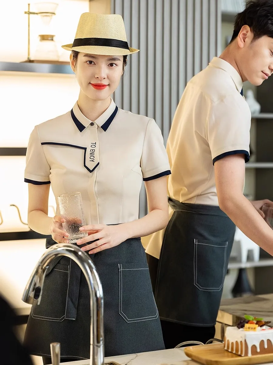 2023 Summer Hot Selling Milk Tea Shop Waitress Uniform Set Western Restaurant Staffs Top+Apron+Pants 3 Pieces Set Wholesales