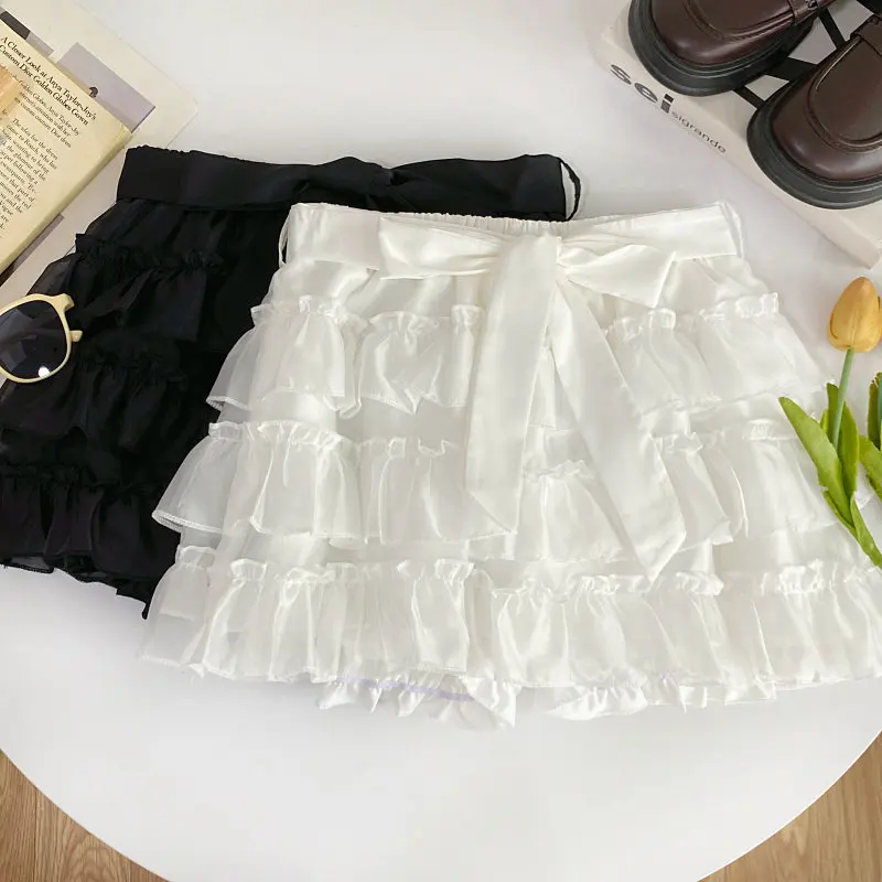Women's Khaki A-line Skirt Vintage 2000s High Waist Mini Skirts Harajuku Korean Style Y2k Bow Ruffle Skirt Summer Clothes 2026