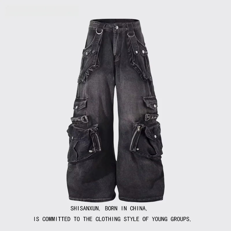 American High Street Loose Straight Leg Men's Jeans Multiple Pockets Wide Leg Workwear Casual Straight Cut Denim Pants