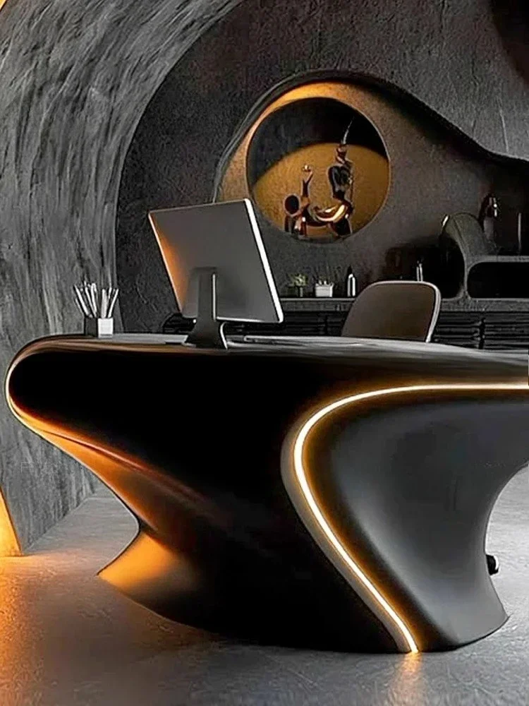 Modern corner desk, black creative desk, tech boss desk