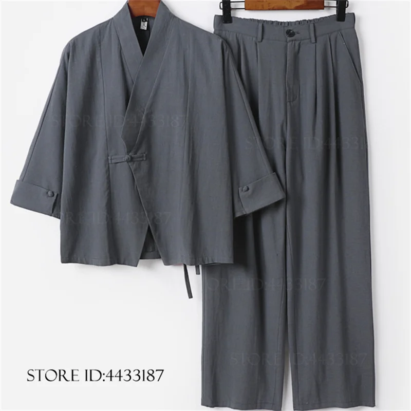 

Комплект в китайском стиле: кимоно, кардиган, брюки, размеры 3XL-9XL, мужской, хлопок/лен, куртка, юката, хаори, костюм самурая, харадзюку, ханфу