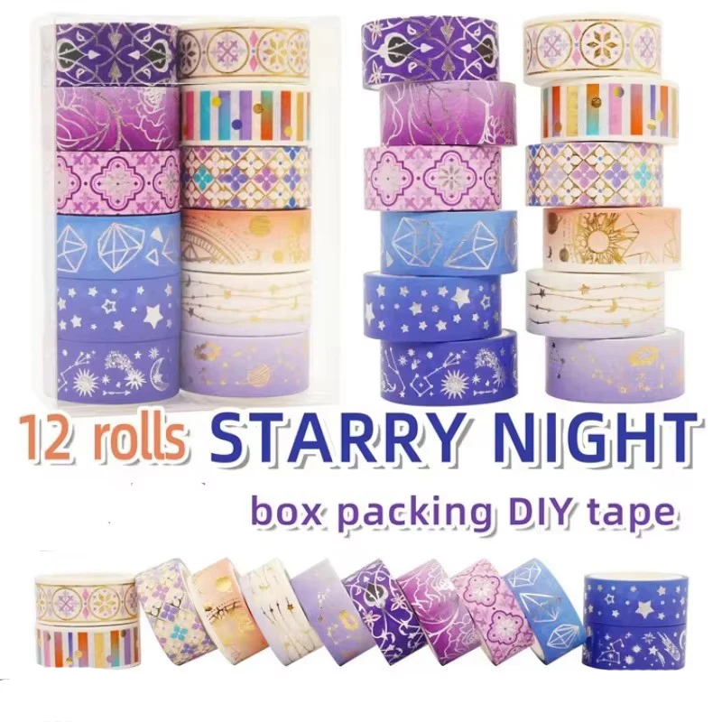 12 Rolls Gold-Foiled Universe Washi Paper Tape Student Learning Supplies Stationery Supplies Album Decorative Tape