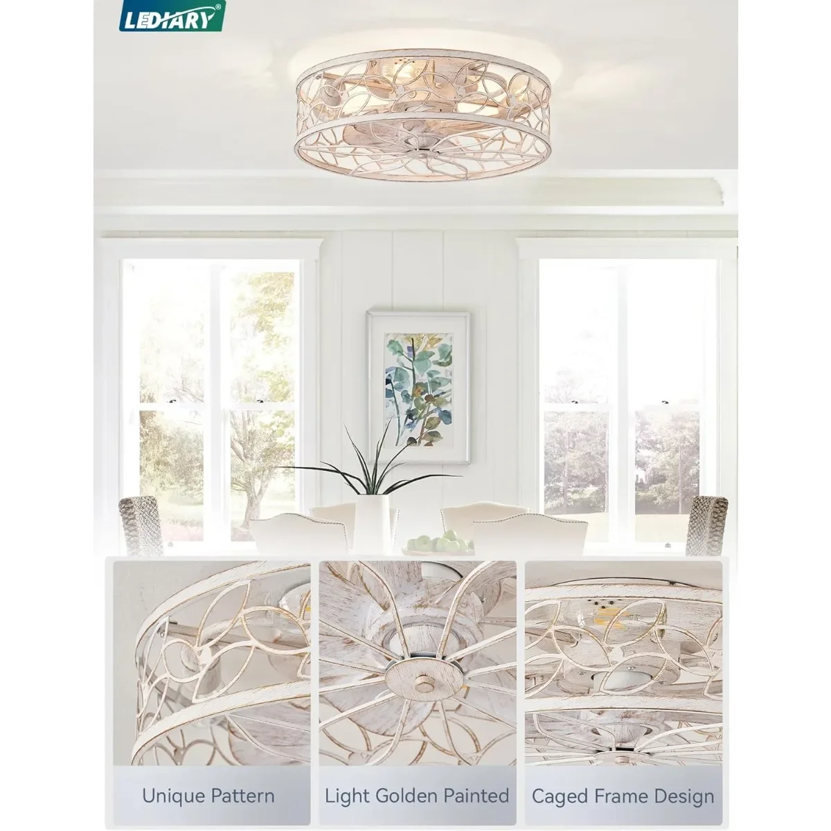 مروحة سقف خالية من الشفرة منخفضة المستوى مع ضوء، وجهاز تحكم عن بعد مثبت على السطح باللون الأبيض، ومراوح صغيرة هادئة لمطبخ غرفة النوم