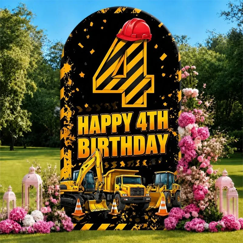 Single Side Arch Backdrop Cover Construction Theme 4th Birthday Background Banner with Yellow Black Stripes Red Helmet and Heavy