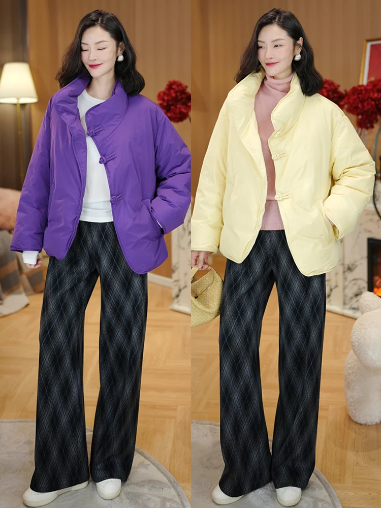 

Элегантная белая пуховая куртка с воротником-стойкой в китайском стиле, теплая, модная, зимняя, с длинными рукавами, утолщенная, стандартной длины