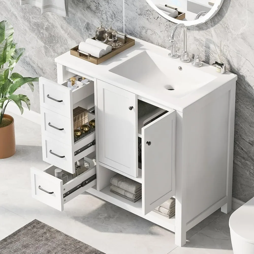 

36" Bathroom Vanity with Ceramic Sink, Modern Single Bathroom Vanity with 2 Drawers, Soft-Close Doors & Open Shelf