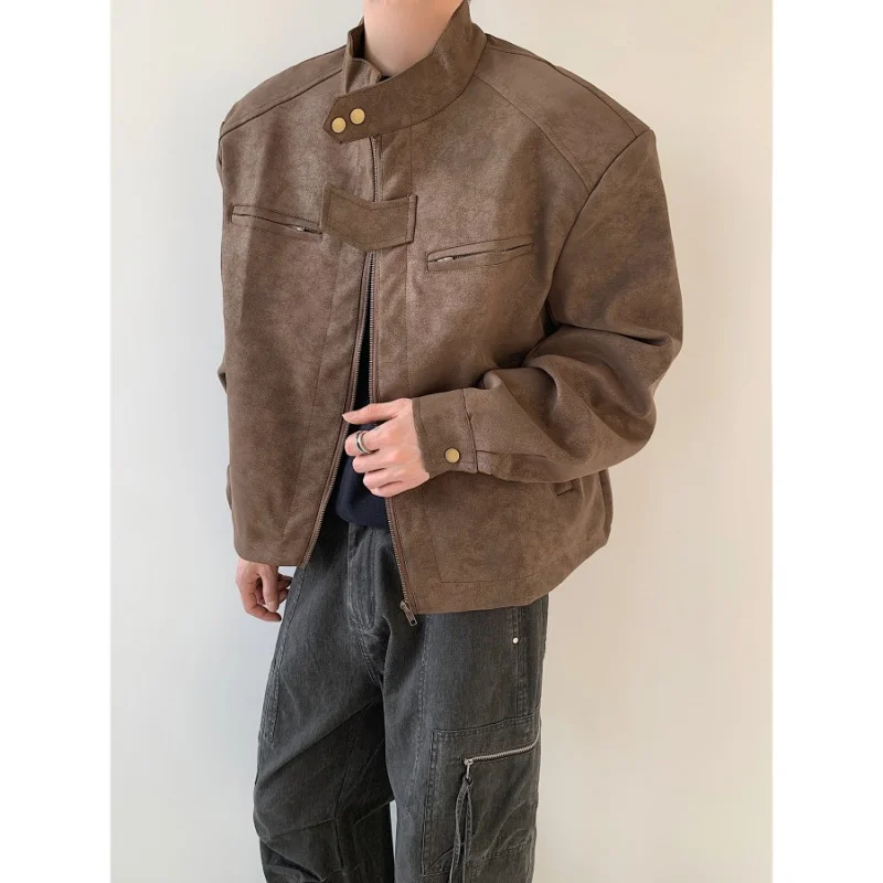 

Мужская куртка-пилот из коричневой искусственной кожи в стиле ретро-американский мотоциклетный, осенняя, на молнии