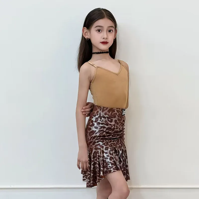 New style Latin dance clothing girls' halter top high-end performance training suit set - professional leopard print dance skirt