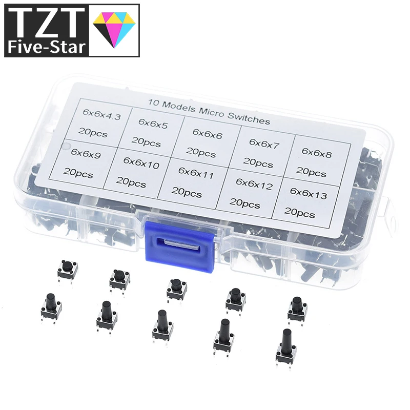 TZT 10 models 100/200pcs 6*6 Tact Switch Tactile Push Button Switch Kit, Height: 4.3MM~13MM DIP 4P micro switch 6x6 Key switch