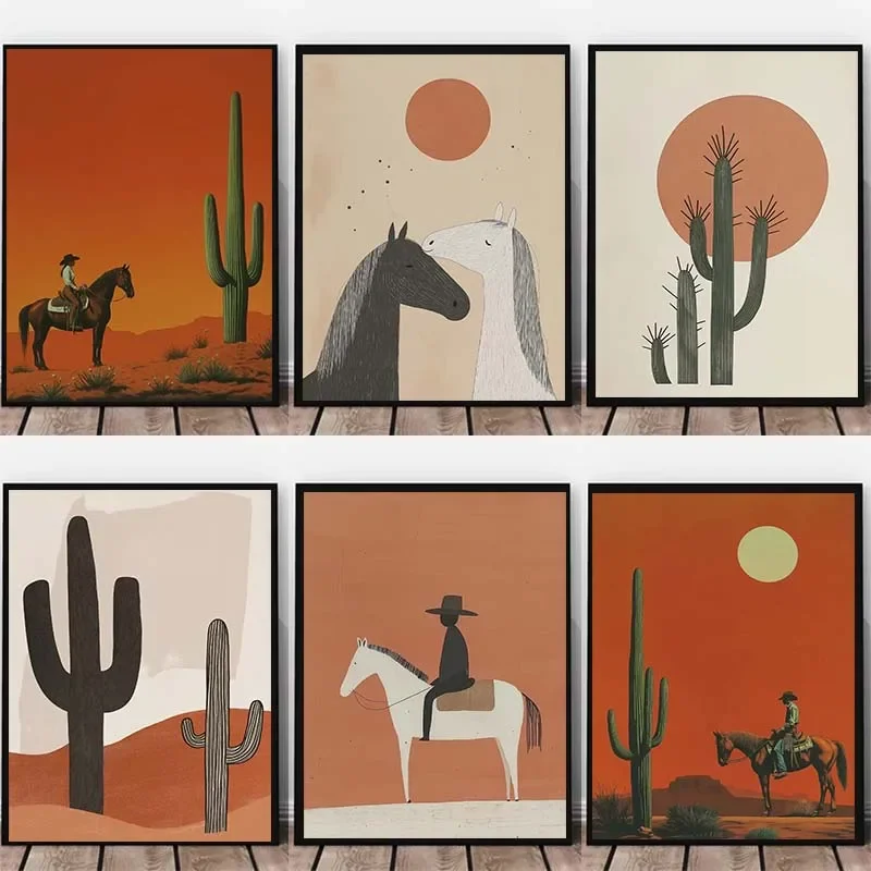 Póster minimalista de Cactus, vaquero del desierto, caballo occidental, salvaje, tierno, impresión de imágenes artísticas de pared, pintura en lienzo para habitación, decoración del hogar