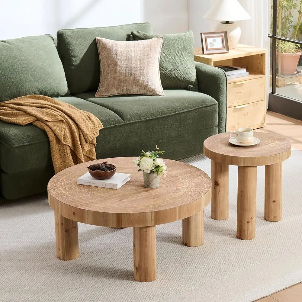 Round Natural Wooden Farmhouse Coffee Table Set with Rustic Style and Solid Legs for Living Room