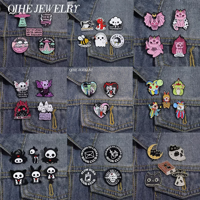 4-6 Pcs/Set Punk Gothic Enamel Pins Skull Skeleton Cartoon Anime Role Brooch Backpack Shirt Lapel Badge Jewelry Gift for Friends